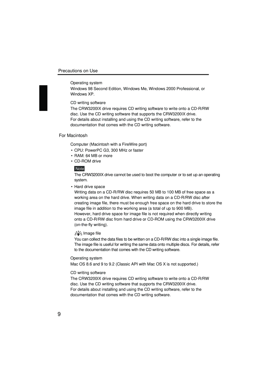 Yamaha CRW3200IX manual For Macintosh, Operating system, CD writing software, Computer Macintosh with a FireWire port 