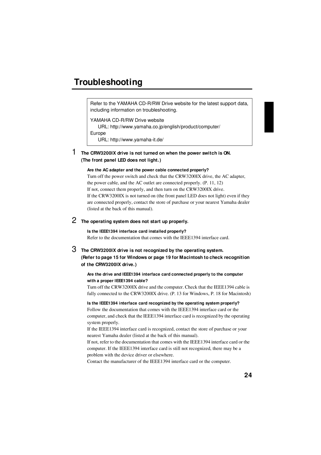 Yamaha CRW3200IX manual Troubleshooting, Operating system does not start up properly 