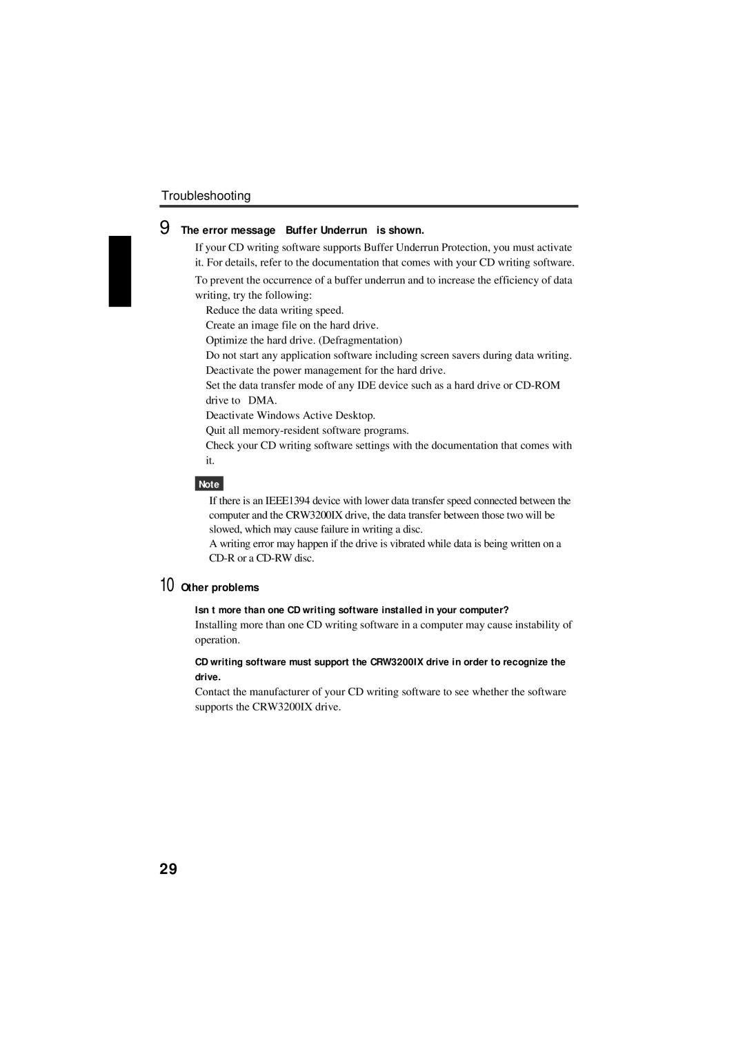 Yamaha CRW3200IX manual Troubleshooting Error message Buffer Underrun is shown, Other problems 