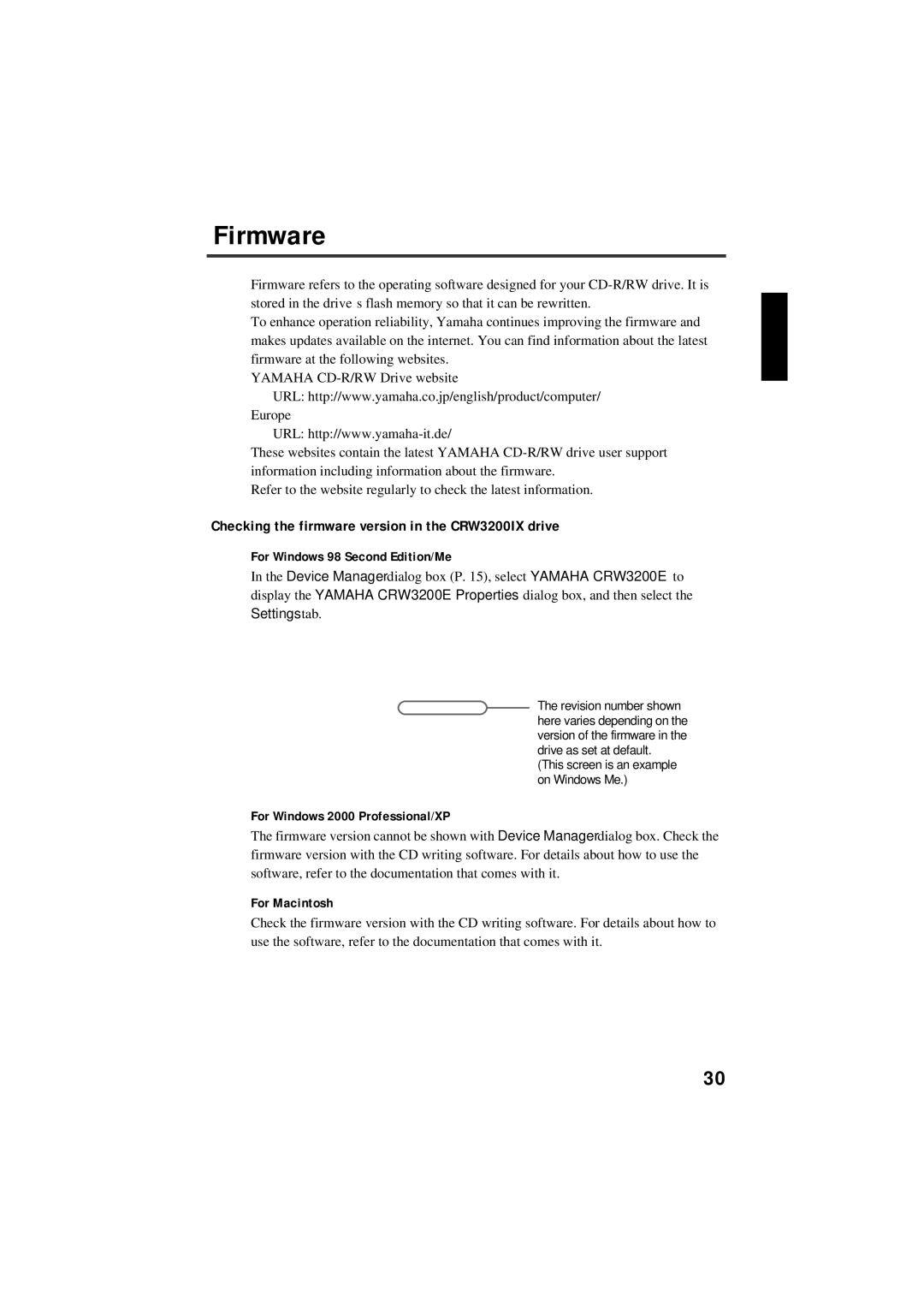 Yamaha Firmware, Checking the firmware version in the CRW3200IX drive, For Windows 2000 Professional/XP, For Macintosh 