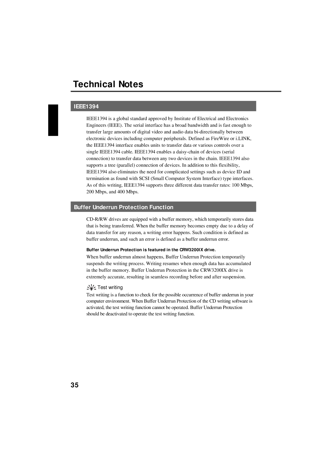 Yamaha CRW3200IX manual Technical Notes, IEEE1394, Buffer Underrun Protection Function, Test writing 