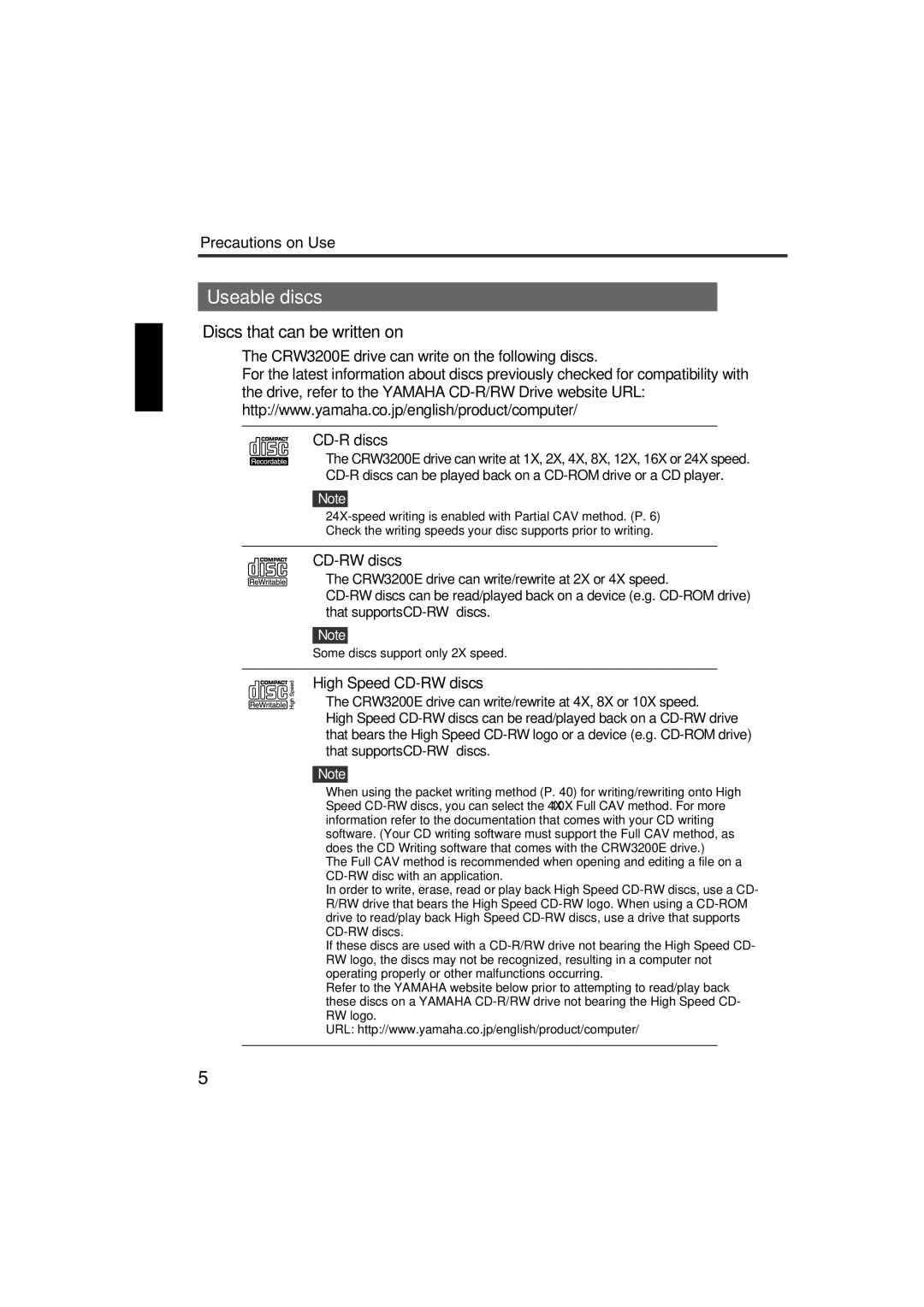 Yamaha CRW3200NB manual Useable discs, Discs that can be written on, CD-R discs, High Speed CD-RW discs 