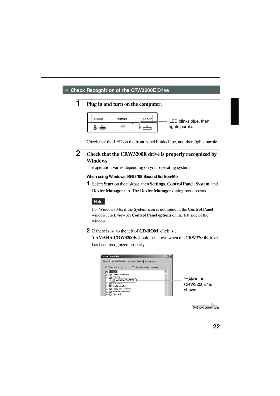 Yamaha CRW3200NB manual Check Recognition of the CRW3200E Drive, When using Windows 95/98/98 Second Edition/Me 