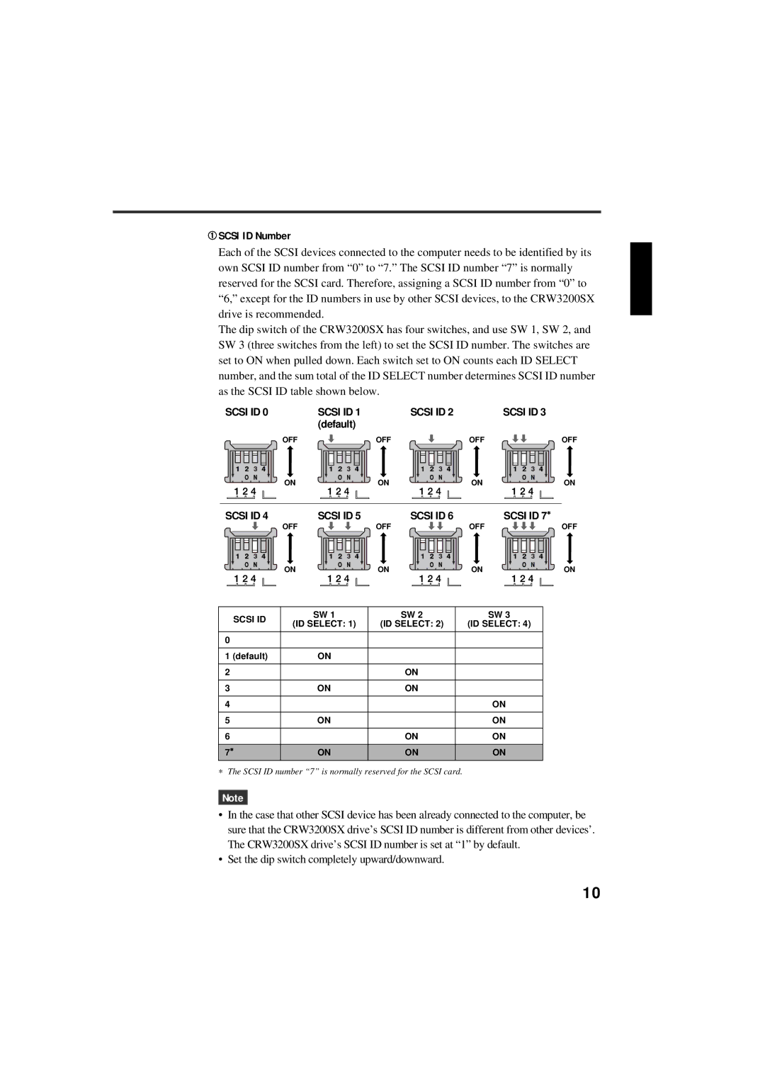 Yamaha CRW3200SX manual ➀ Scsi ID Number, Scsi ID 7∗ 