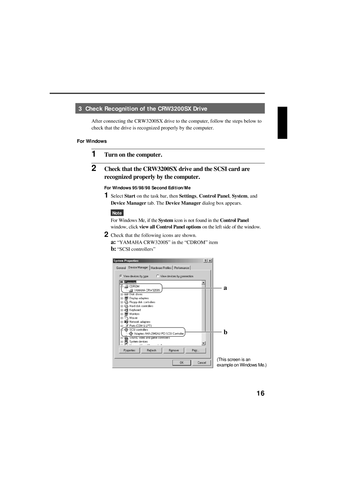 Yamaha manual Check Recognition of the CRW3200SX Drive, For Windows 95/98/98 Second Edition/Me 