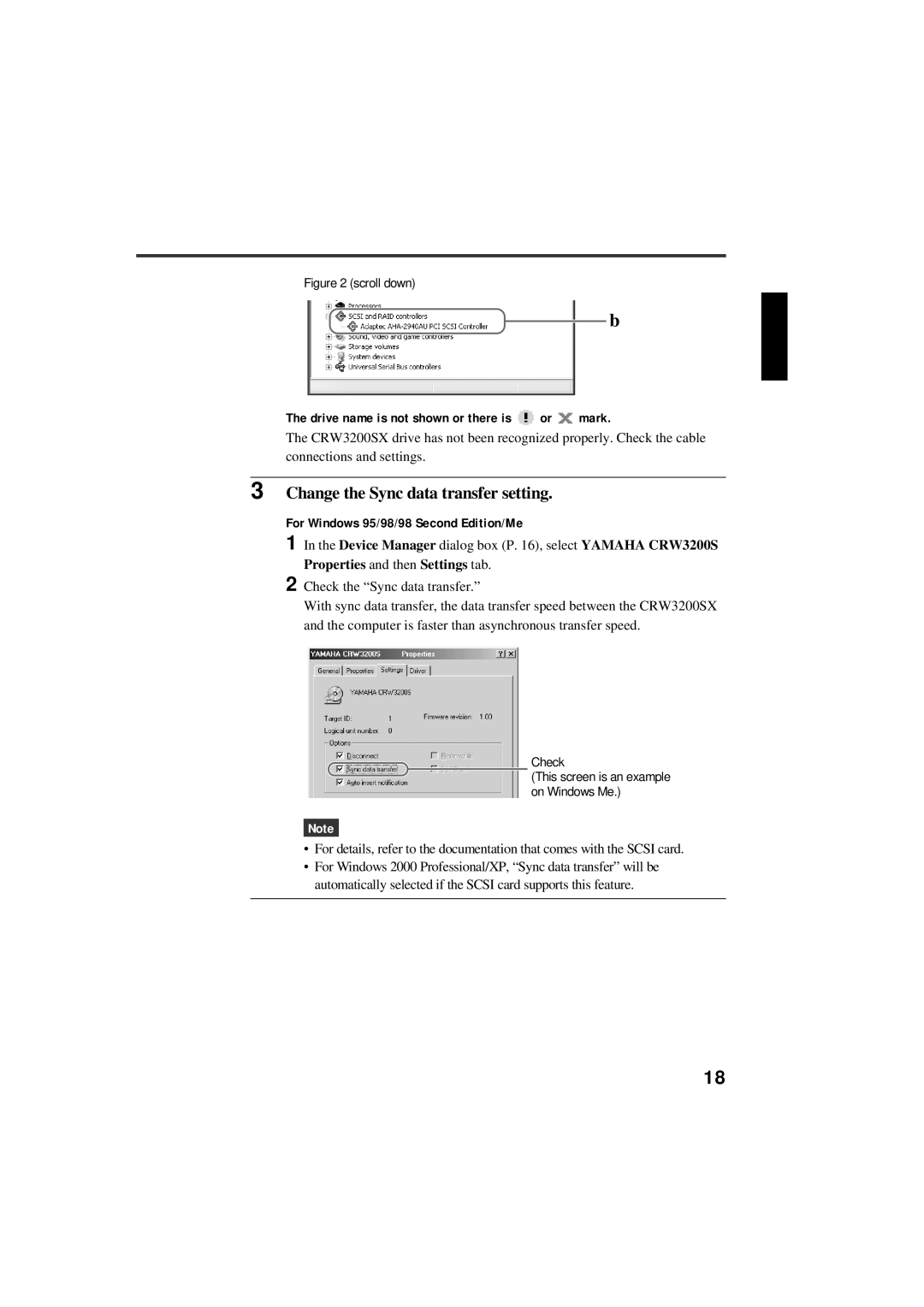 Yamaha CRW3200SX manual Change the Sync data transfer setting, Drive name is not shown or there is or mark 