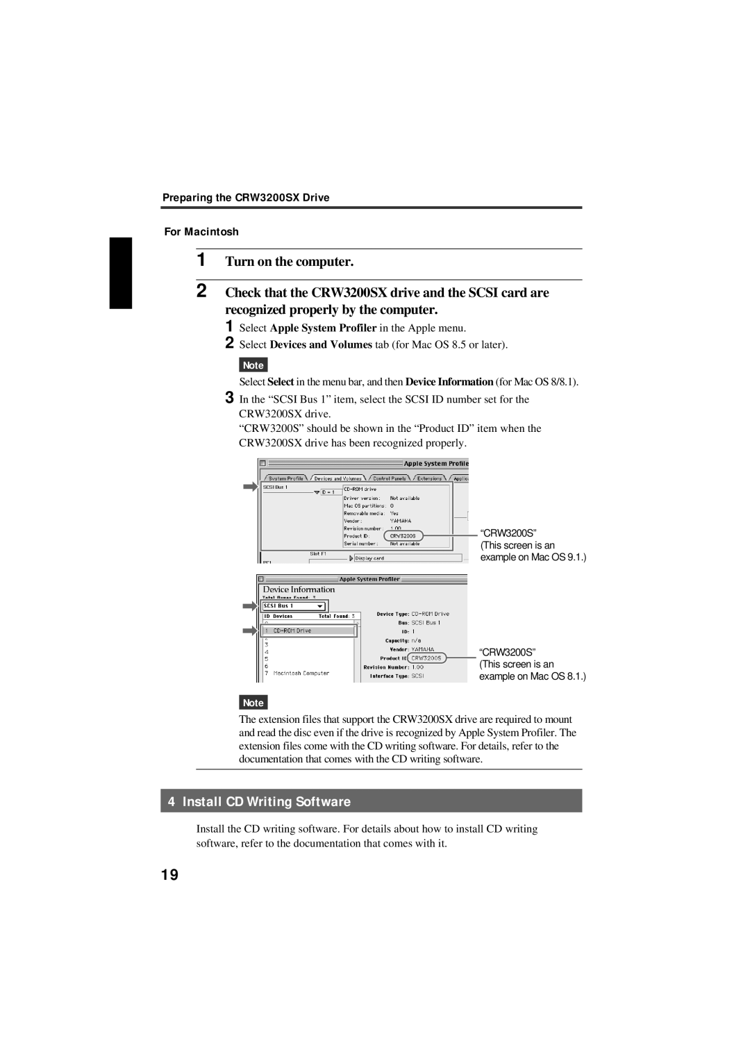 Yamaha manual Install CD Writing Software, Preparing the CRW3200SX Drive For Macintosh 