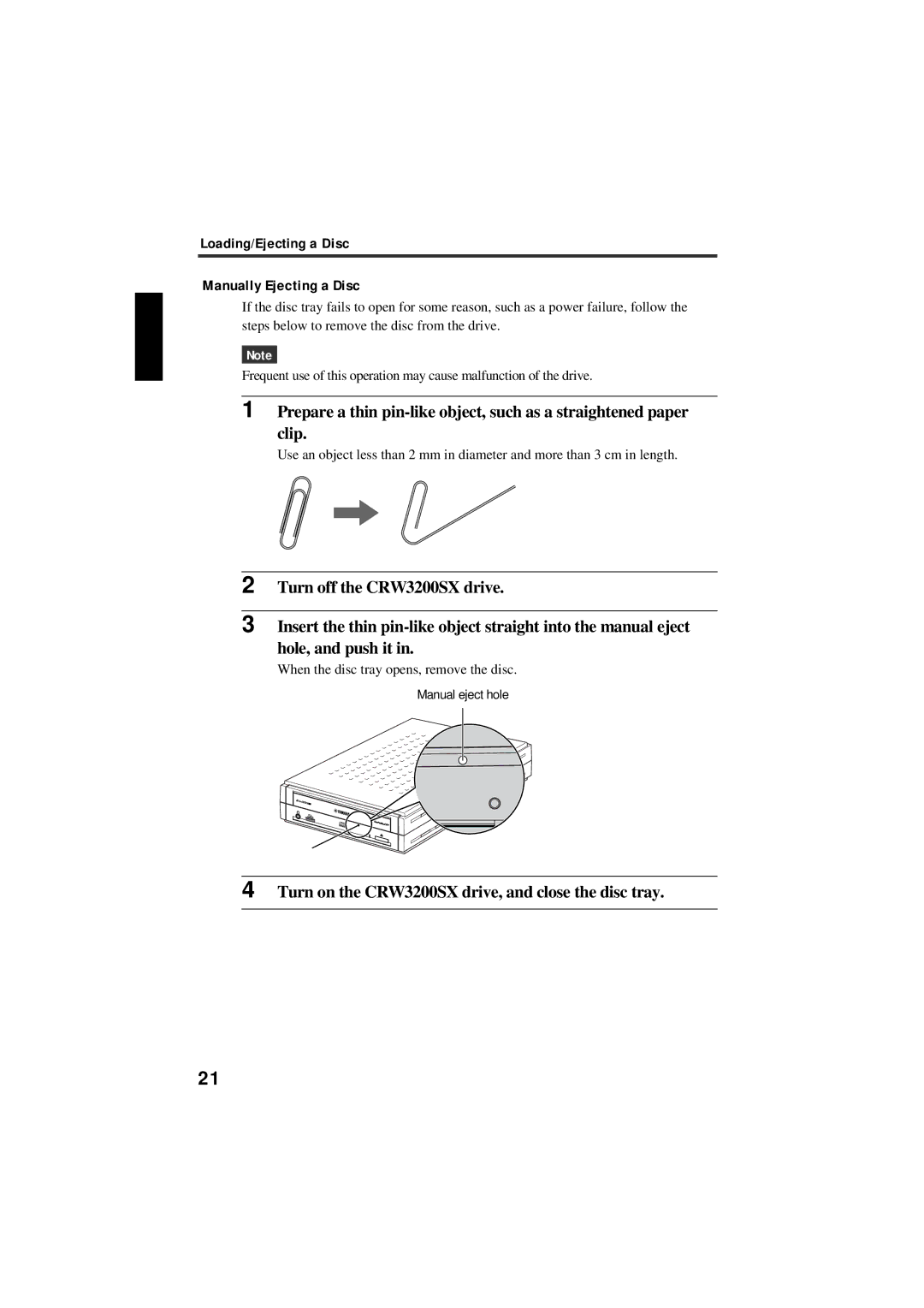 Yamaha CRW3200SX manual Loading/Ejecting a Disc Manually Ejecting a Disc 