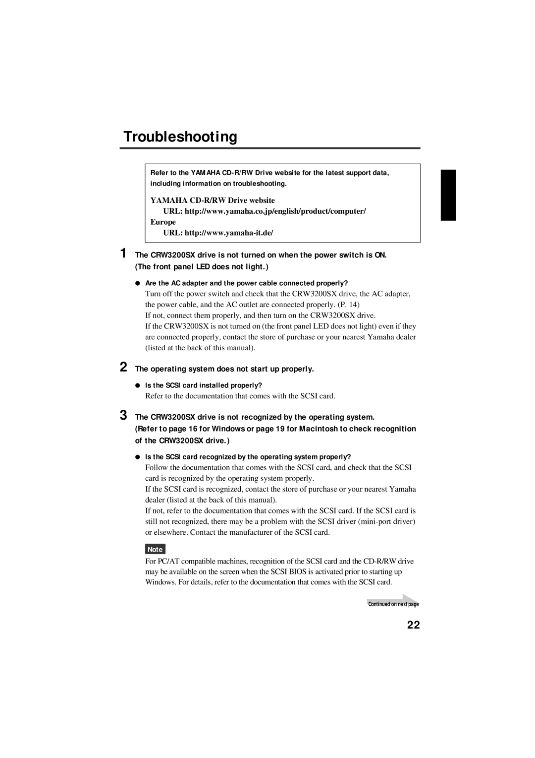 Yamaha CRW3200SX manual Troubleshooting, Operating system does not start up properly, Is the Scsi card installed properly? 