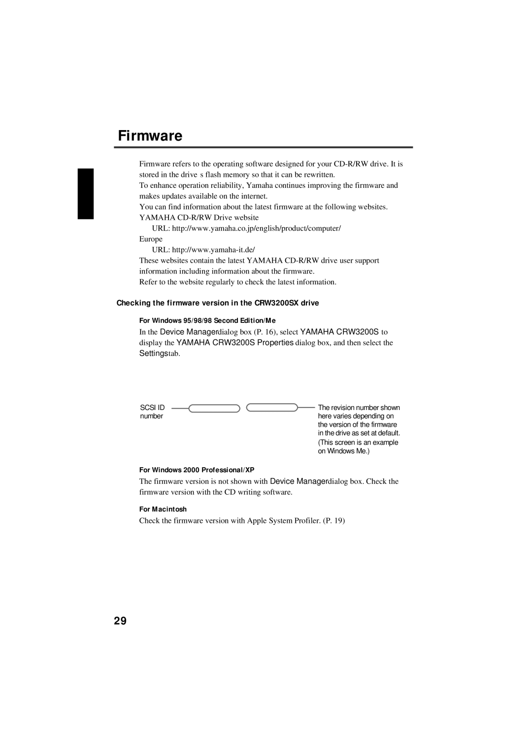 Yamaha Firmware, Checking the firmware version in the CRW3200SX drive, For Windows 2000 Professional/XP, For Macintosh 