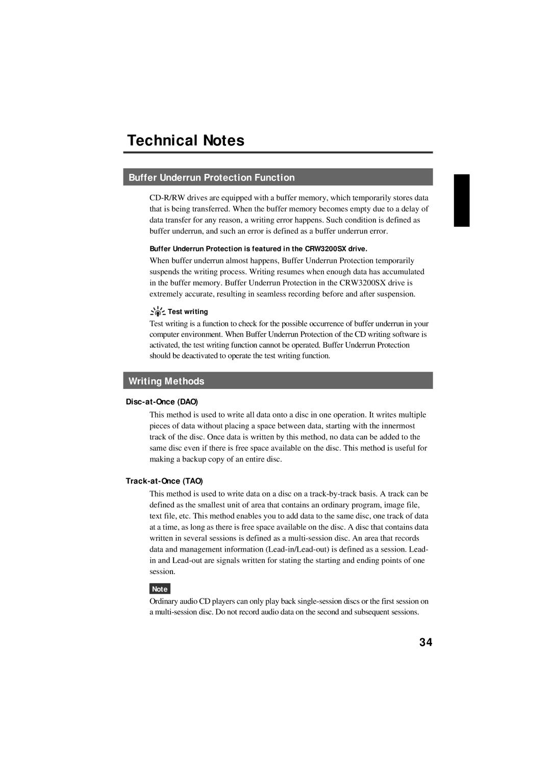 Yamaha CRW3200SX manual Technical Notes, Buffer Underrun Protection Function, Writing Methods, Disc-at-Once DAO 