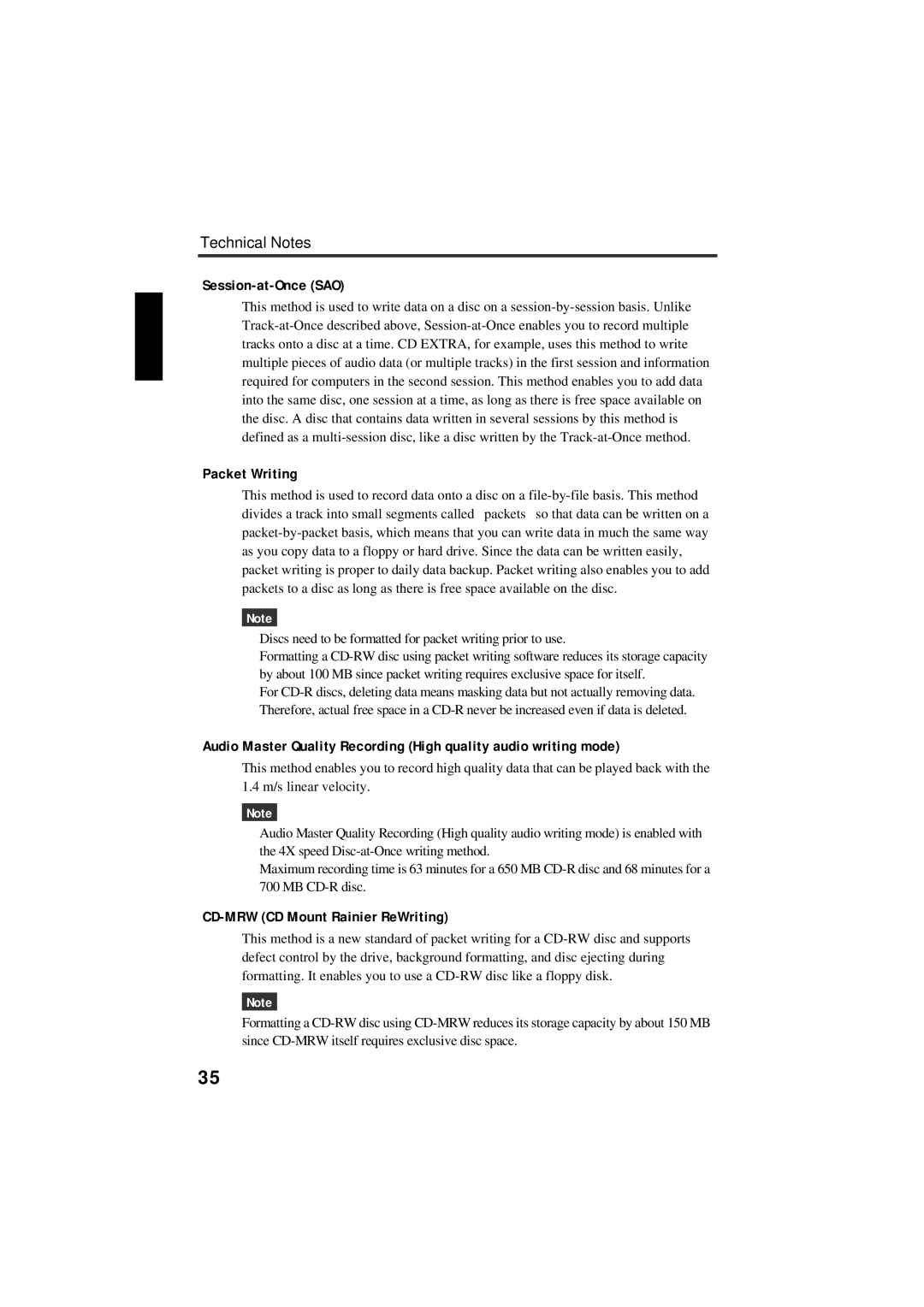 Yamaha CRW3200SX manual Technical Notes Session-at-Once SAO, Packet Writing 