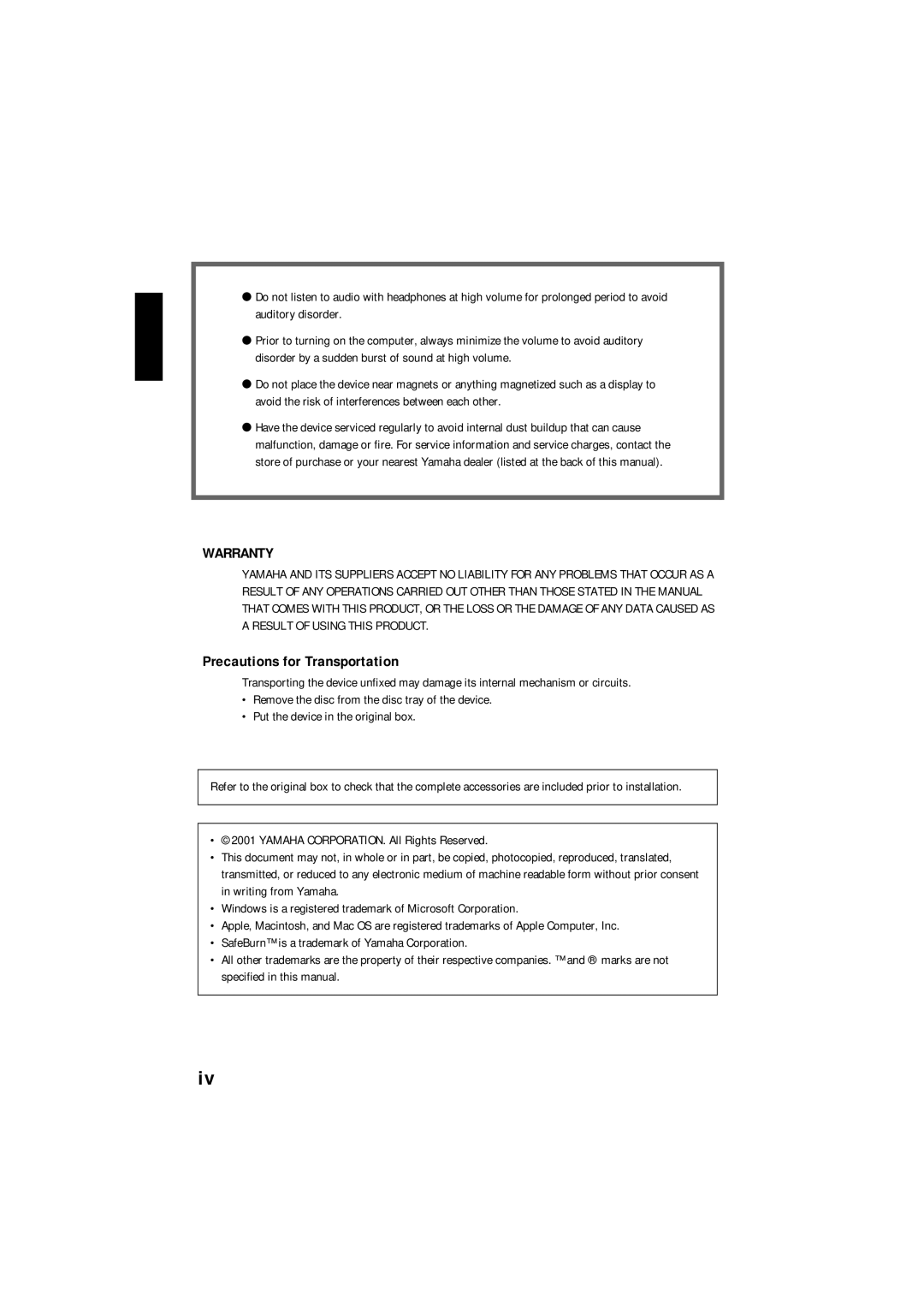 Yamaha CRW3200SX manual Warranty, Precautions for Transportation 