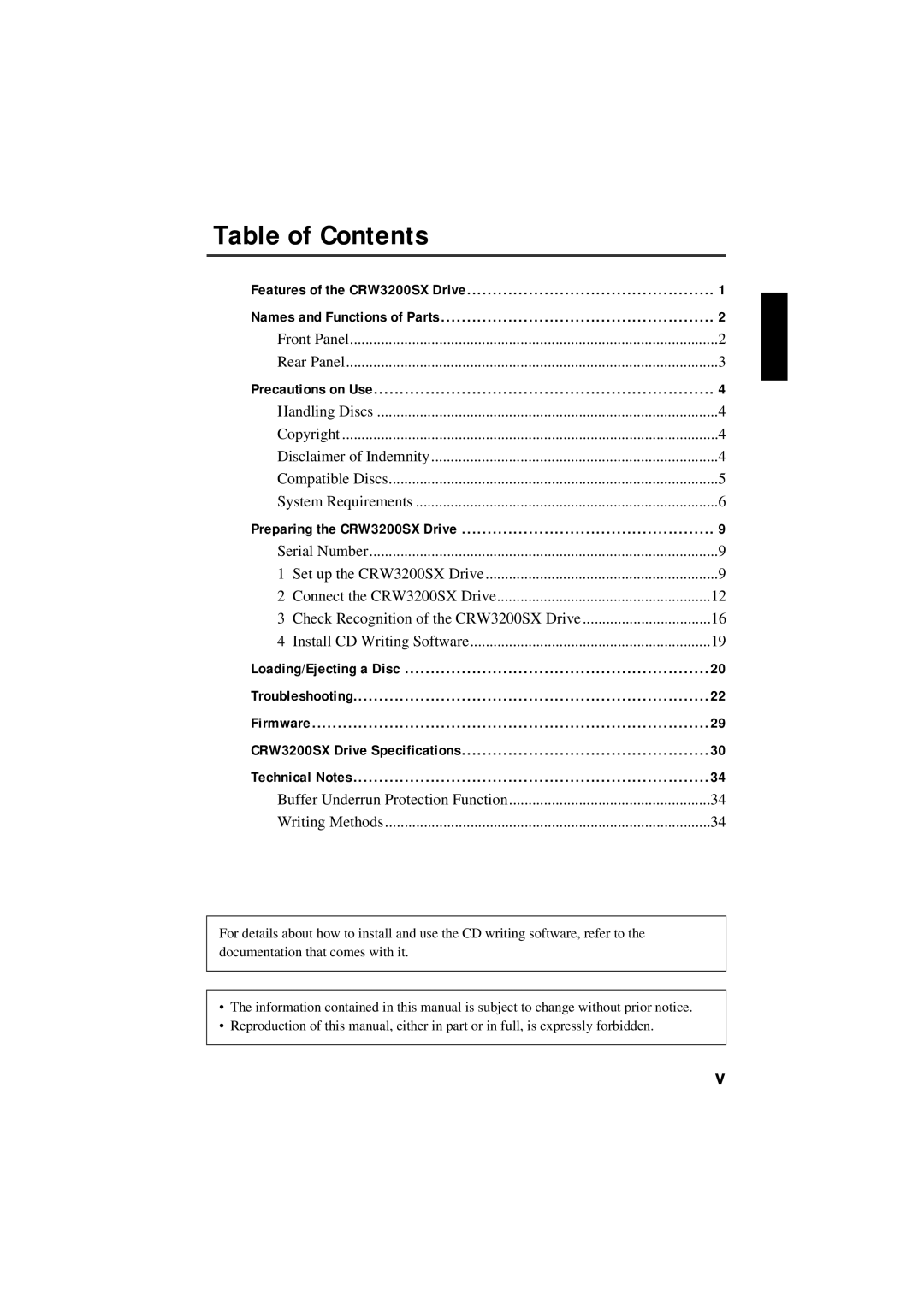 Yamaha CRW3200SX manual Table of Contents 