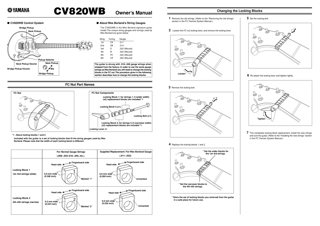 Yamaha owner manual Changing the Locking Blocks, FC Nut Part Names, CV820WB Control System 