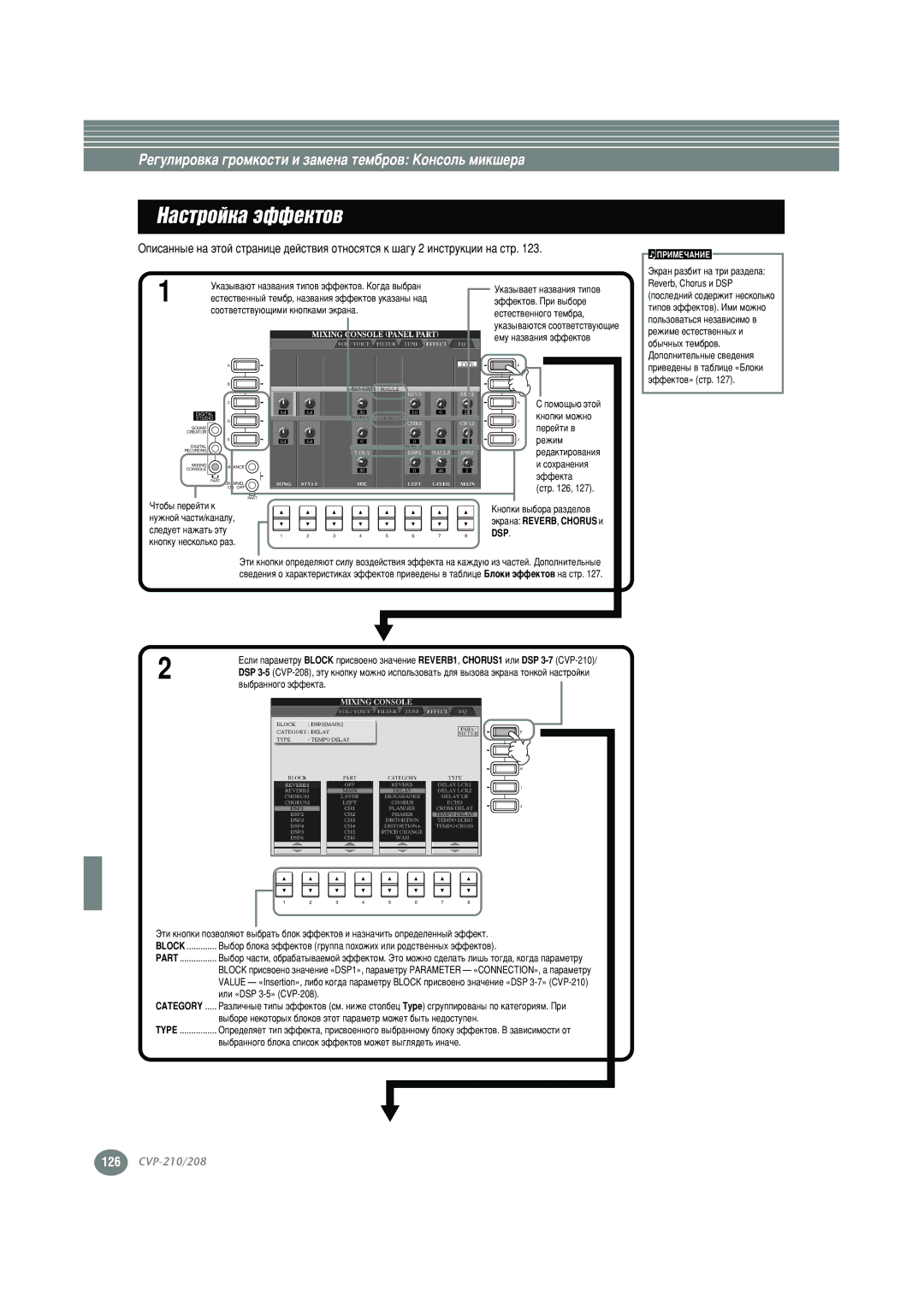 Yamaha CVP-210, CVP-208 warranty ‡Òú‡ ˝Ùùâíúó‚, ˝Í REVERB, Chorus Ë DSP Åîóíë ˝ÙÙÂÍÚÓ‚ Ì‡ ÒÚ, Block Ô 