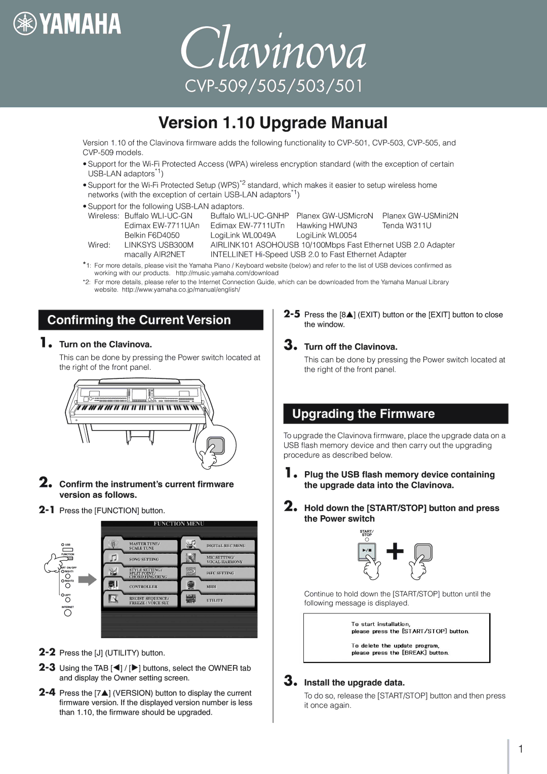 Yamaha CVP-509 manual Version 1.10 Upgrade Manual, Conﬁrming the Current Version, Upgrading the Firmware 