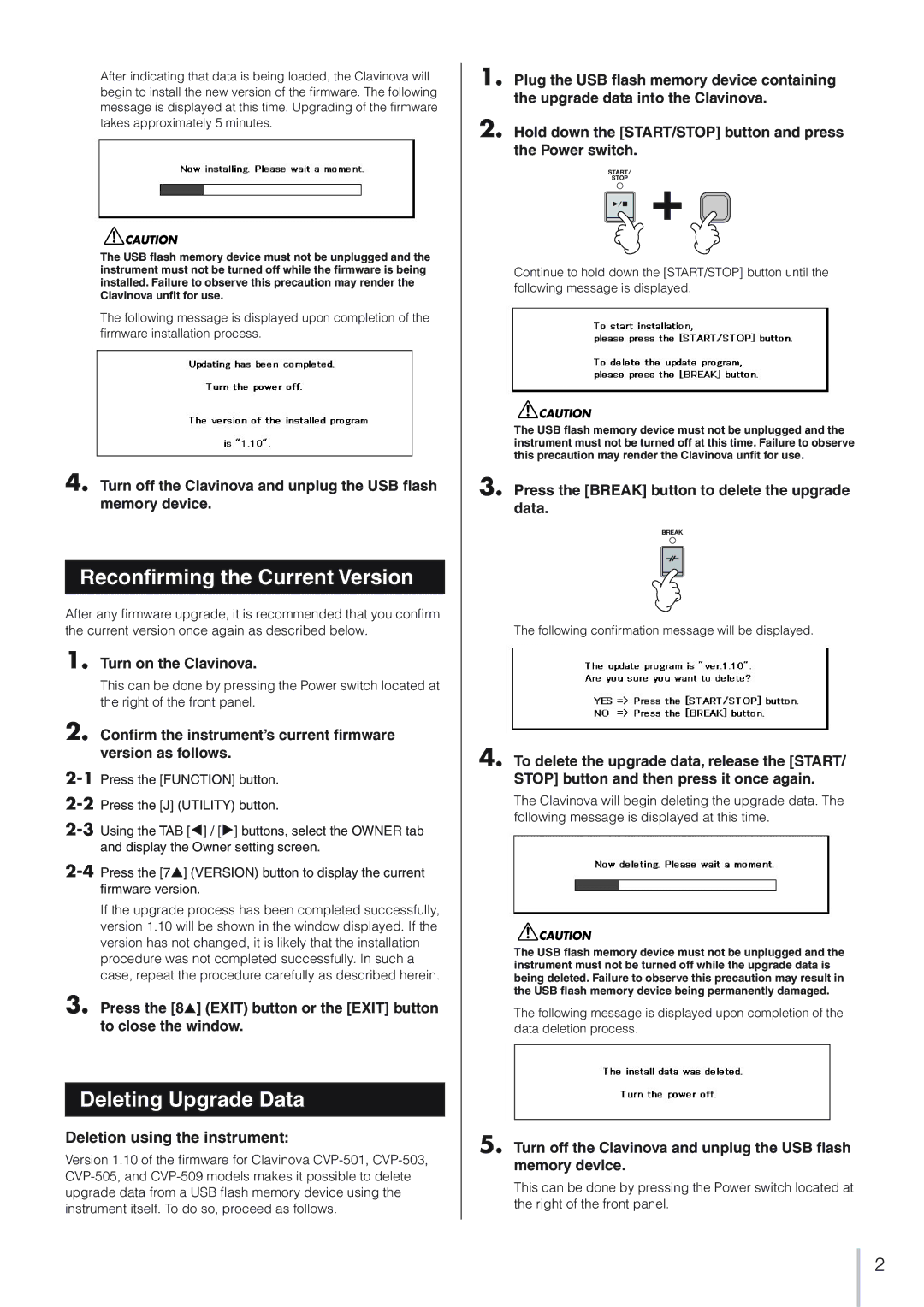 Yamaha CVP-509 manual Reconﬁrming the Current Version, Deleting Upgrade Data, Deletion using the instrument 