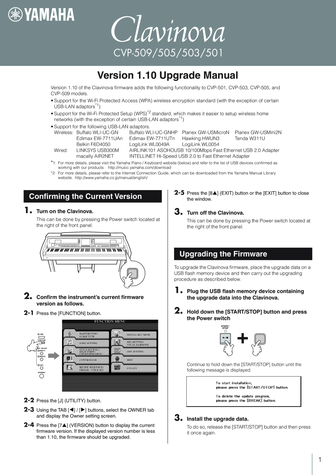 Yamaha CVP-509 manual Conﬁrming the Current Version, Upgrading the Firmware, Turn on the Clavinova, Turn off the Clavinova 
