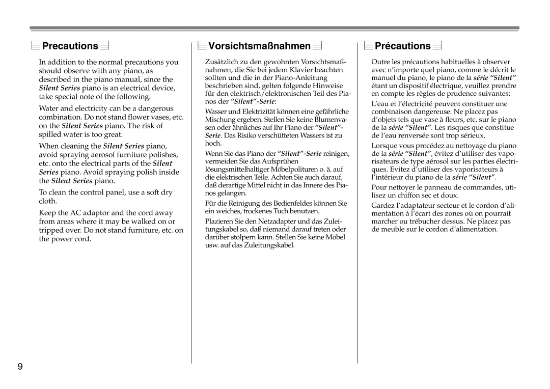 Yamaha DC1516V owner manual Precautions, Vorsichtsmaßnahmen, Précautions 