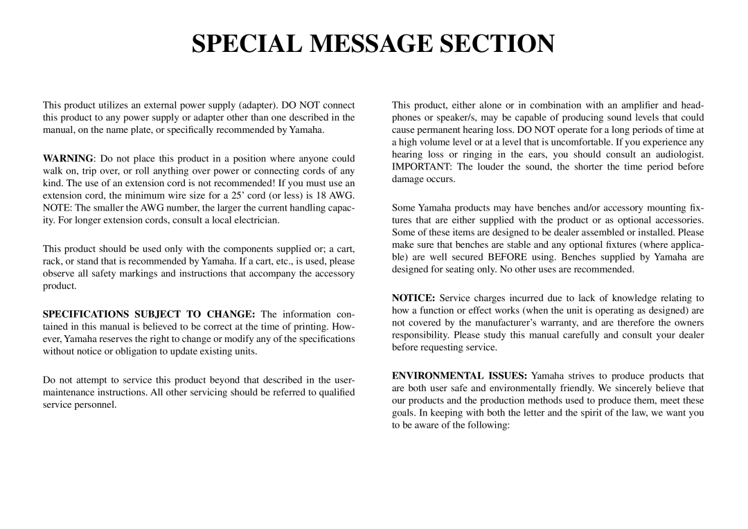 Yamaha DC1516V owner manual Special Message Section 