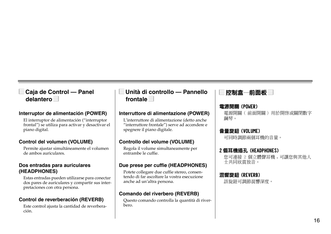 Yamaha DC1516V owner manual Caja de Control Panel delantero, Unità di controllo Pannello frontale, 控制盒前面板 