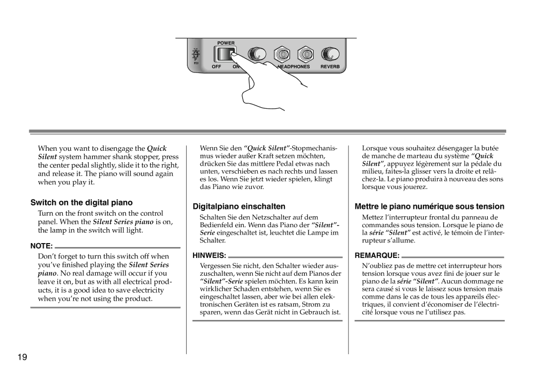 Yamaha DC1516V owner manual Switch on the digital piano, Digitalpiano einschalten, Mettre le piano numérique sous tension 