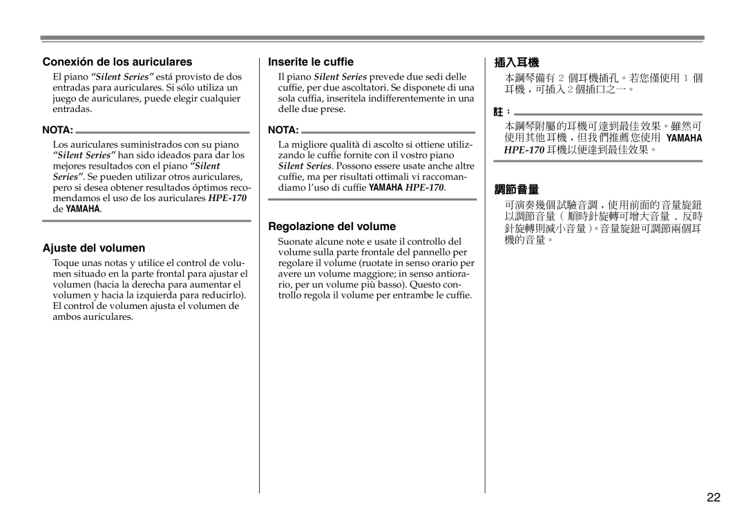 Yamaha DC1516V owner manual Conexión de los auriculares, Ajuste del volumen, Inserite le cufﬁe, Regolazione del volume 