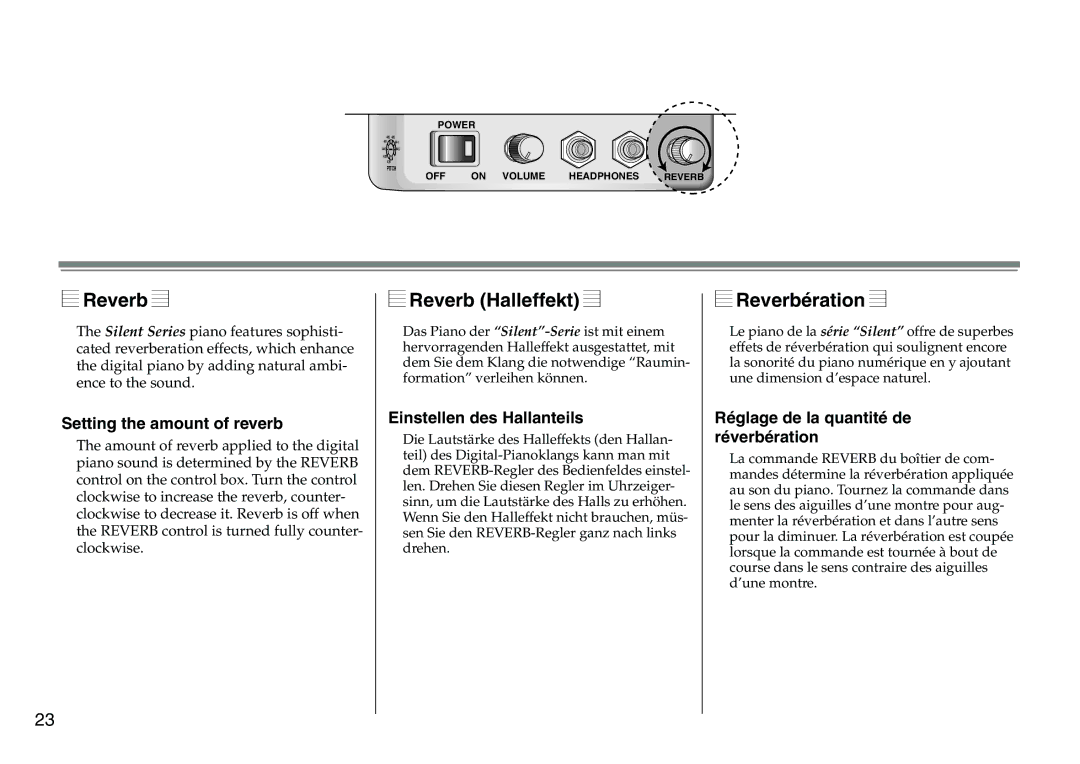 Yamaha DC1516V owner manual Reverb Halleffekt, Reverbération 