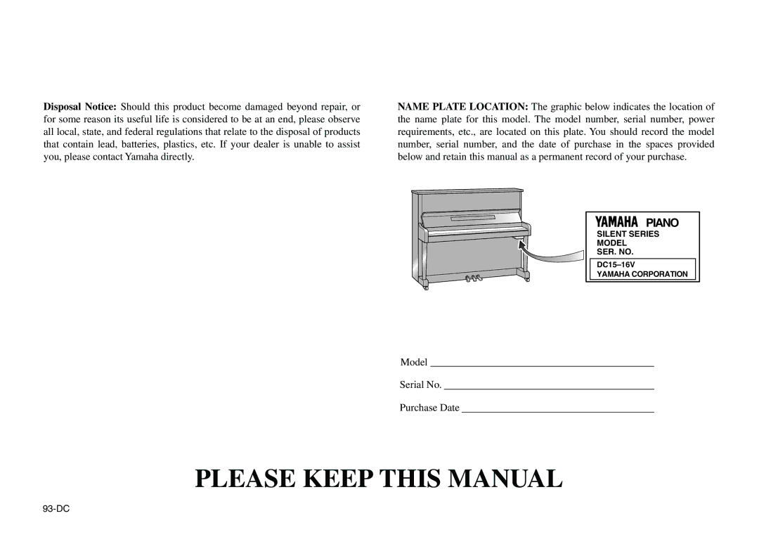 Yamaha DC1516V owner manual Please Keep this Manual 