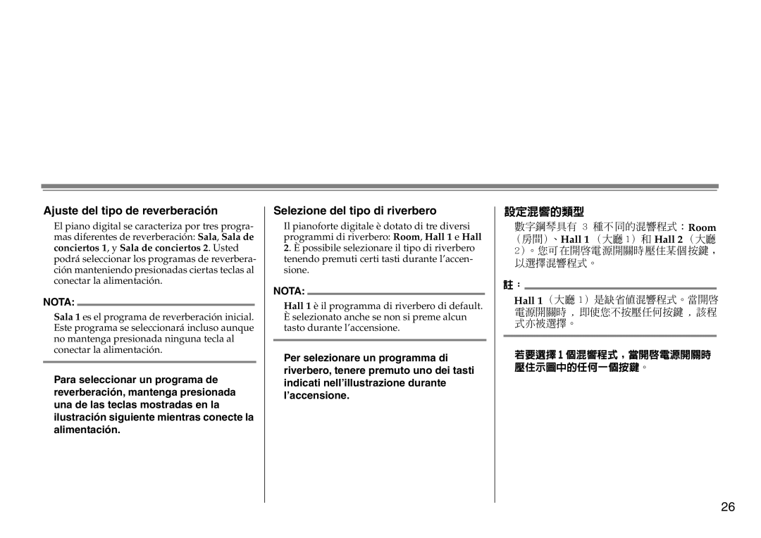 Yamaha DC1516V owner manual Ajuste del tipo de reverberación, Selezione del tipo di riverbero, 設定混響的類型 