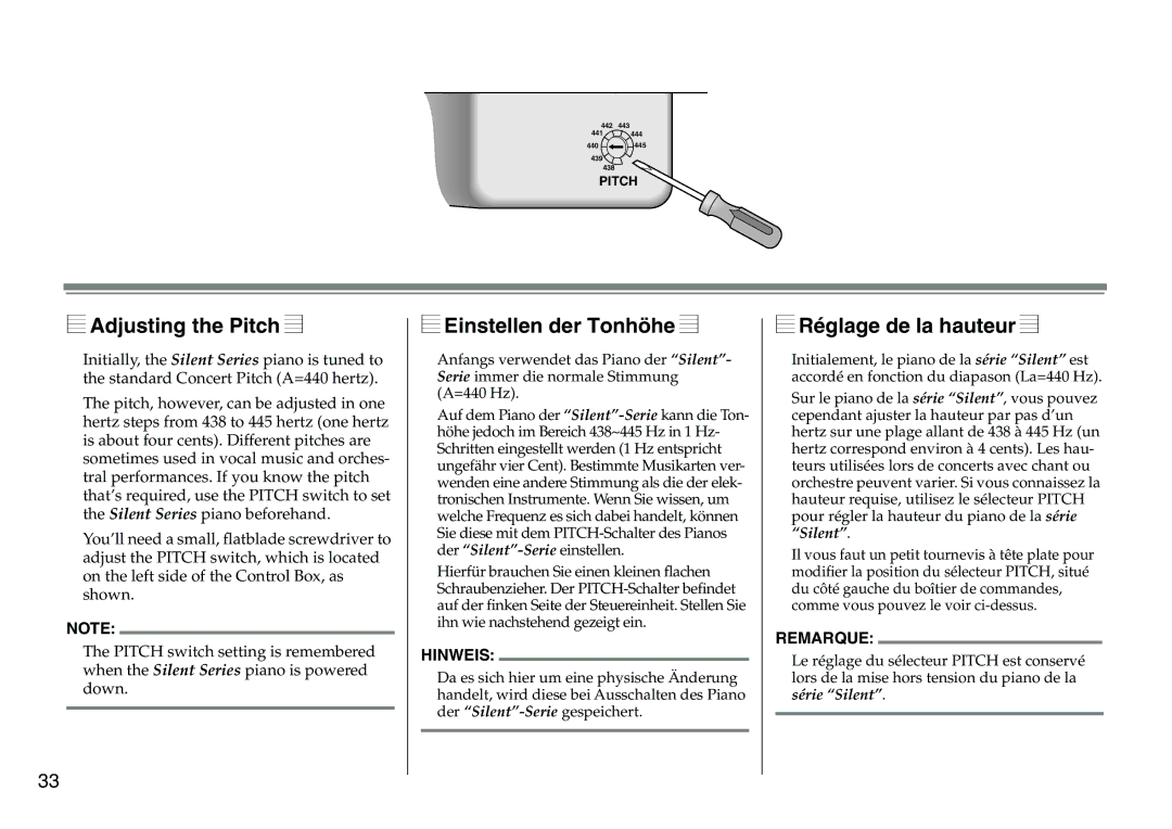 Yamaha DC1516V owner manual Adjusting the Pitch, Einstellen der Tonhöhe, Réglage de la hauteur 