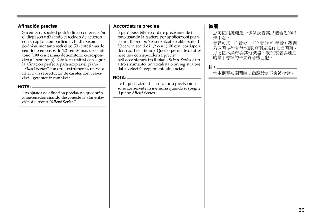 Yamaha DC1516V owner manual Aﬁnación precisa, Accordatura precisa 