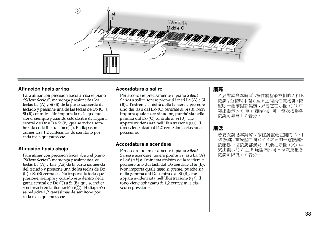 Yamaha DC1516V owner manual Aﬁnación hacia arriba, Aﬁnación hacia abajo, Accordatura a salire, Accordatura a scendere 