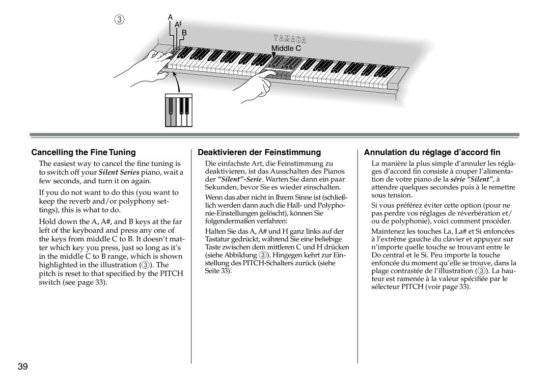 Yamaha DC1516V owner manual Cancelling the Fine Tuning, Deaktivieren der Feinstimmung, Annulation du réglage d’accord ﬁn 