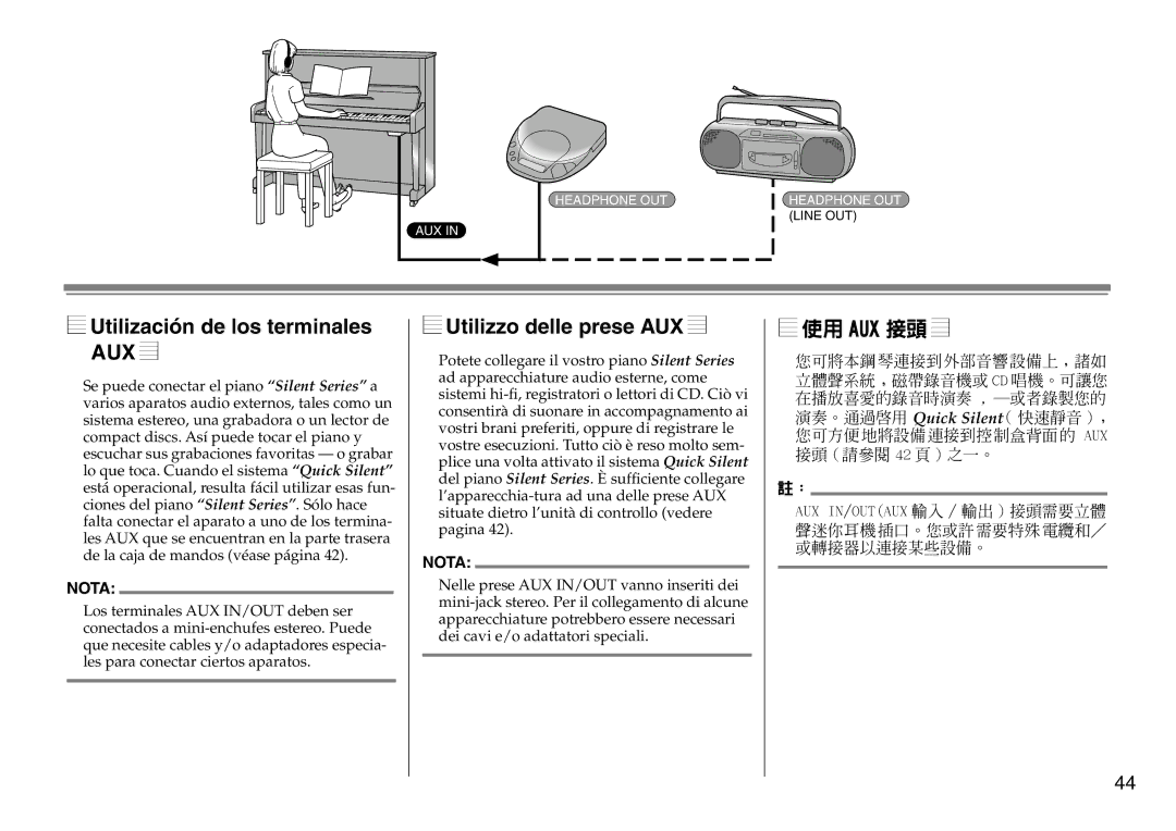 Yamaha DC1516V owner manual Utilización de los terminales, Utilizzo delle prese AUX, 使用 Aux 接頭 