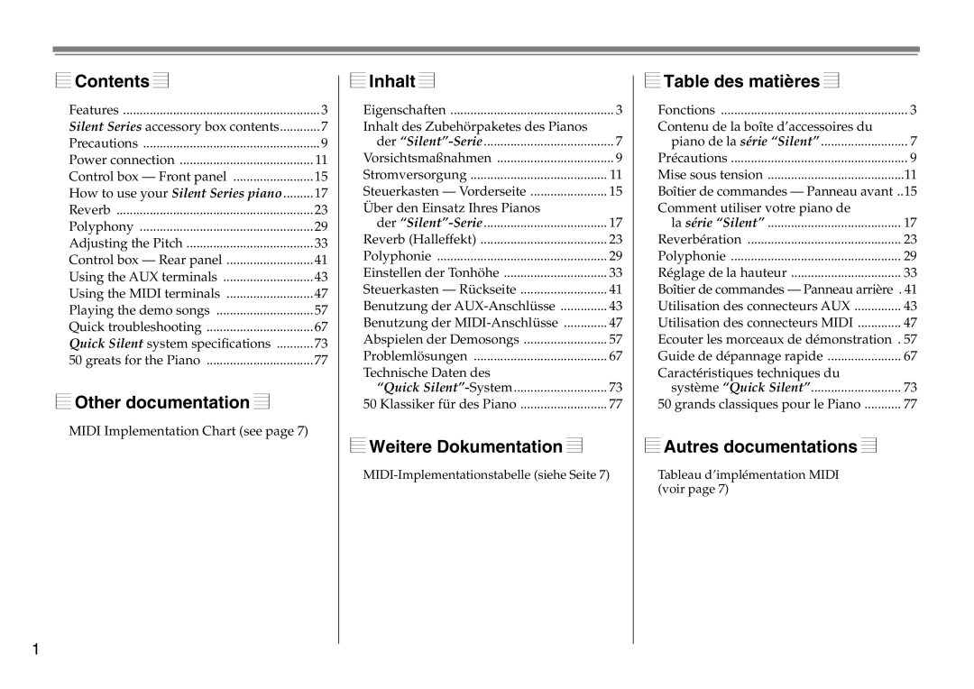 Yamaha DC1516V Contents, Other documentation, Inhalt, Weitere Dokumentation, Table des matières, Autres documentations 