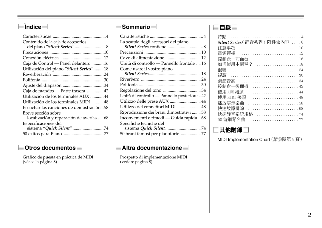 Yamaha DC1516V owner manual Ìndice, Otros documentos, Sommario, Altra documentazione, 其他附錄 