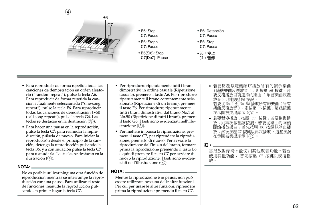 Yamaha DC1516V owner manual 當播放暫停時不能使用其他放音功能。若要 使用其他功能﹐ 首先按壓 C7 按鍵以恢復播 放。 