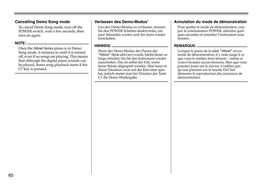 Yamaha DC1516V owner manual Cancelling Demo Song mode, Verlassen des Demo-Modus’, Annulation du mode de démonstration 