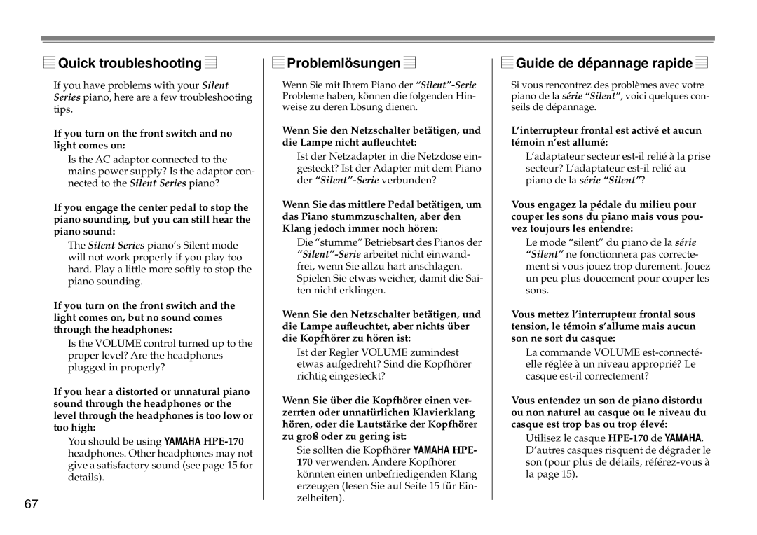 Yamaha DC1516V owner manual Quick troubleshooting, Problemlösungen, Guide de dépannage rapide 