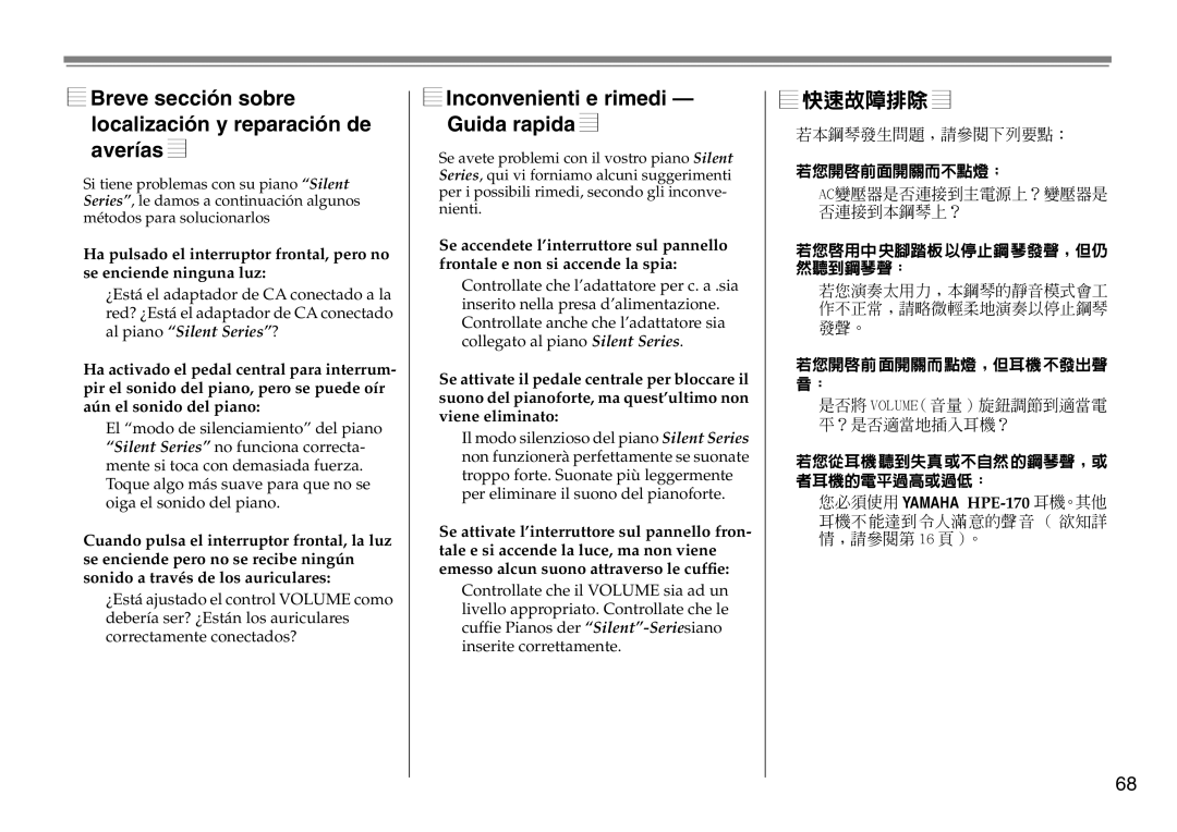 Yamaha DC1516V Breve sección sobre localización y reparación de averías, Inconvenienti e rimedi Guida rapida, 快速故障排除 