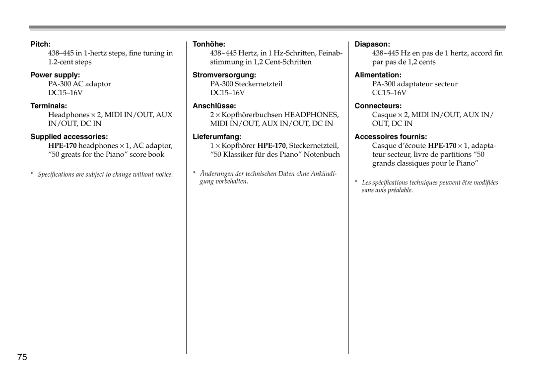 Yamaha DC1516V owner manual Pitch 