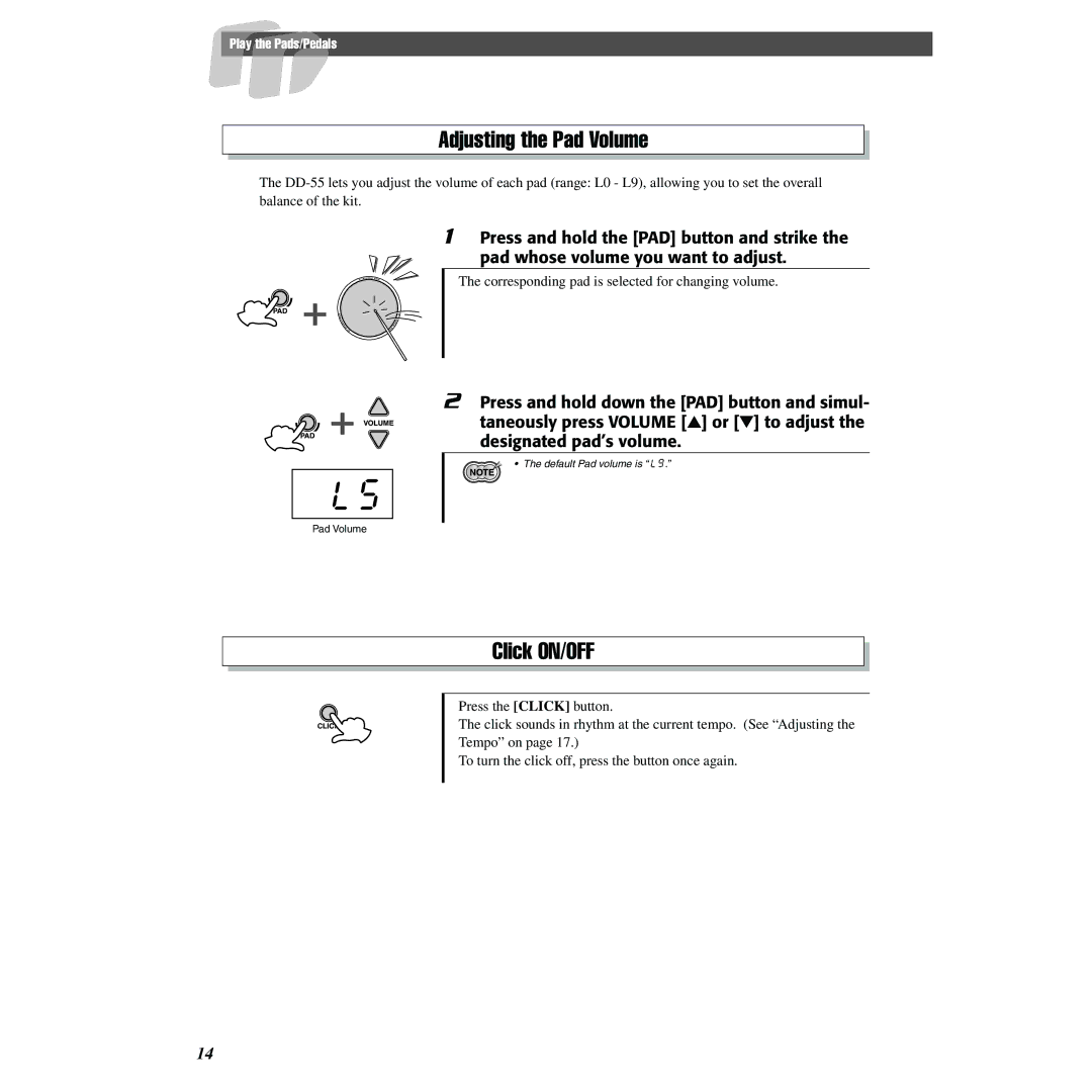 Yamaha DD-55 owner manual Adjusting the Pad Volume, Click ON/OFF 