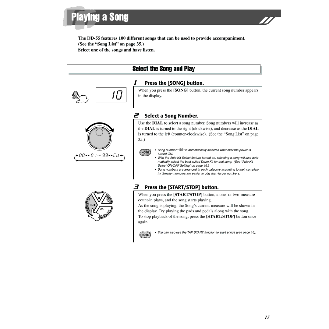 Yamaha DD-55 owner manual Playing a Song, Select the Song and Play, Press the Song button, Select a Song Number 