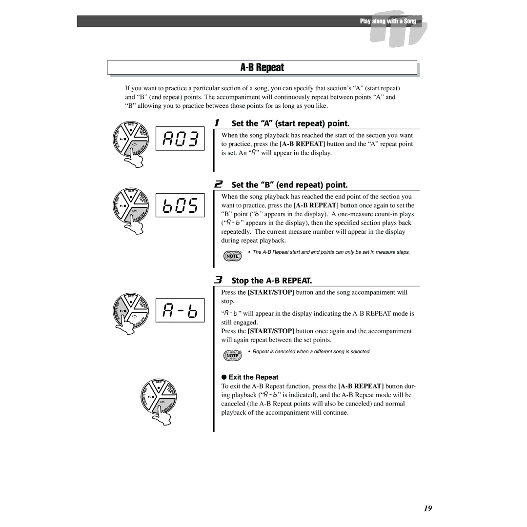 Yamaha DD-55 Set the a start repeat point, Set the B end repeat point, Stop the A-B Repeat, Exit the Repeat 