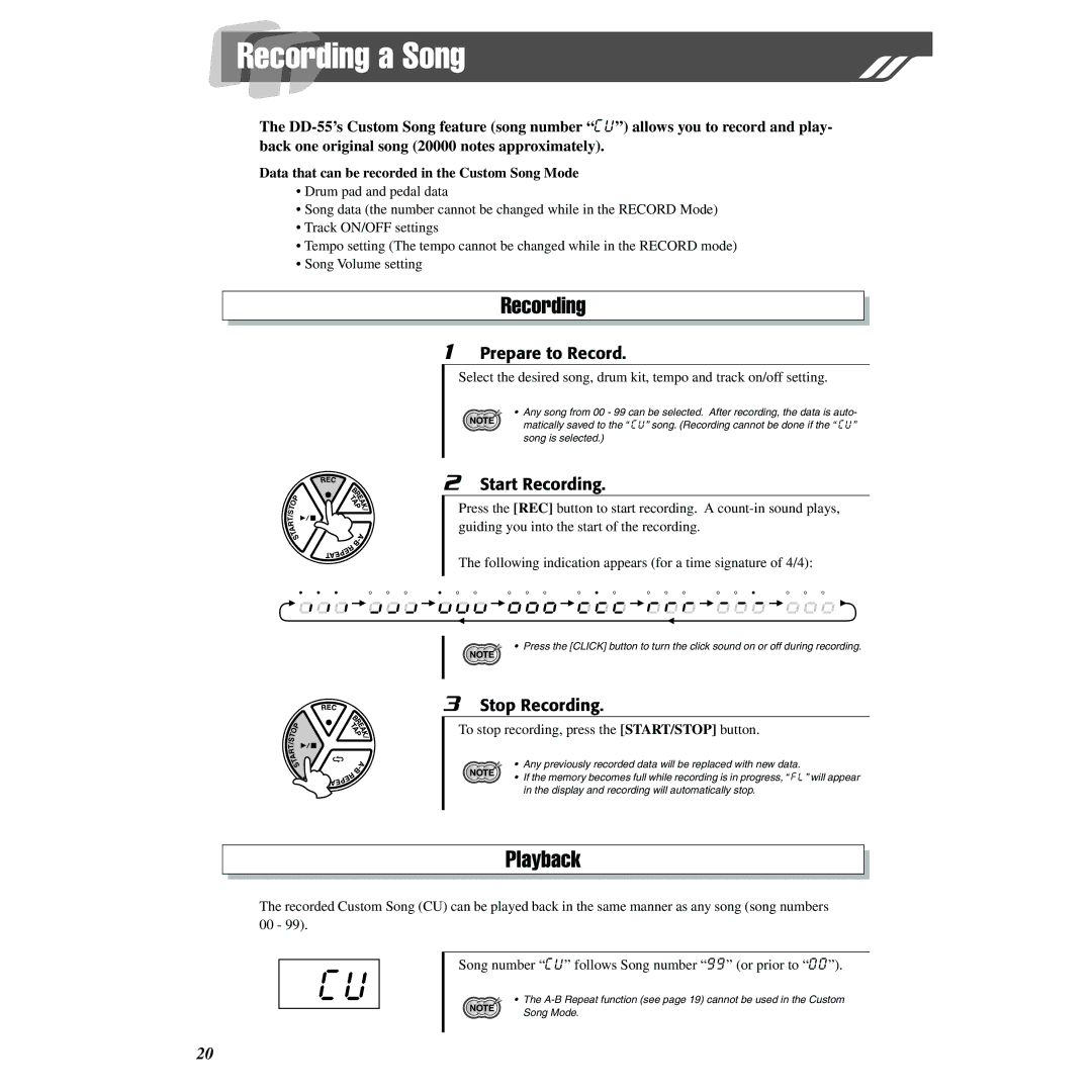 Yamaha DD-55 owner manual Recording a Song, Playback 