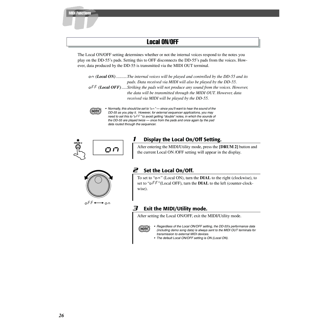 Yamaha DD-55 owner manual Local ON/OFF, Display the Local On/Off Setting, Set the Local On/Off 