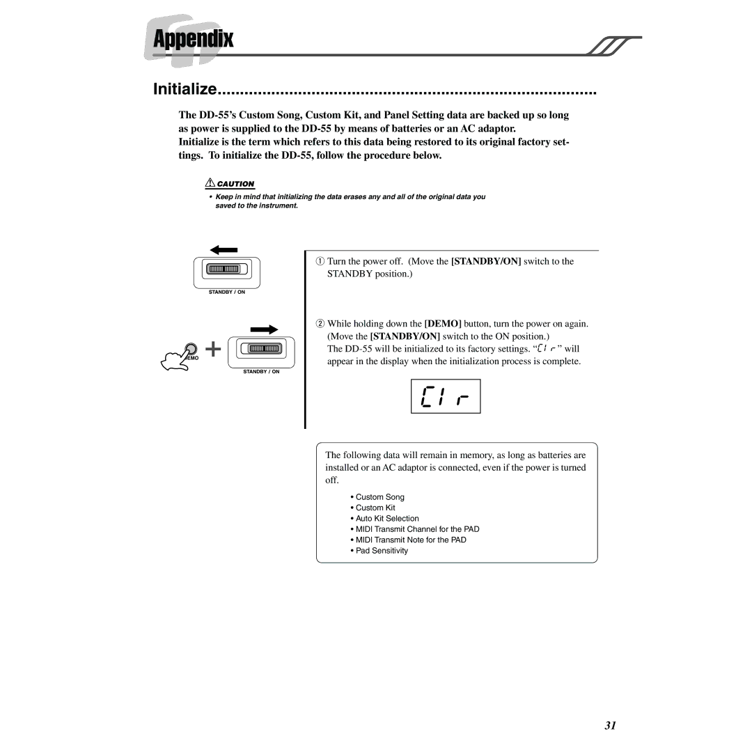 Yamaha DD-55 owner manual Appendix, Initialize 