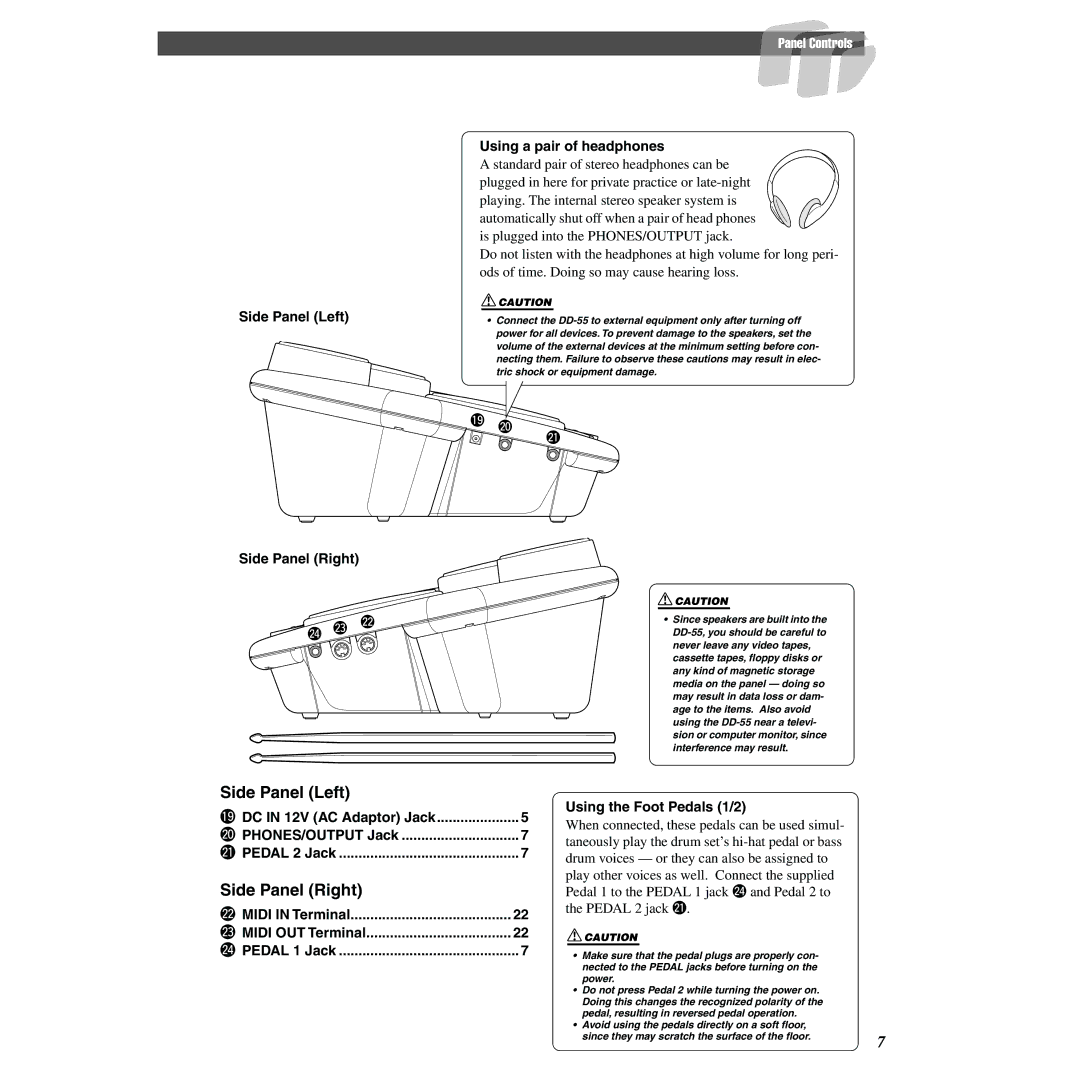 Yamaha DD-55 Using a pair of headphones, Side Panel Left, Side Panel Right @4 @3 @2, 9DC in 12V AC Adaptor Jack 
